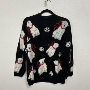 VTG 90s Black Christmas Sweater Marisa Christina Polar Bears Holidays Rare Sz L